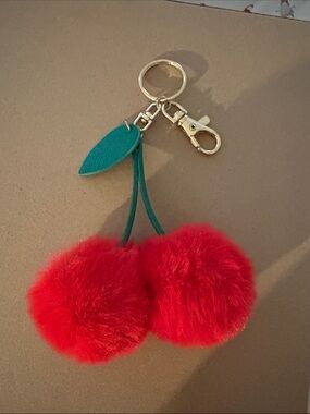 Cherry Pom Pom Keychain - Red Faux Fur with Gold Hardware